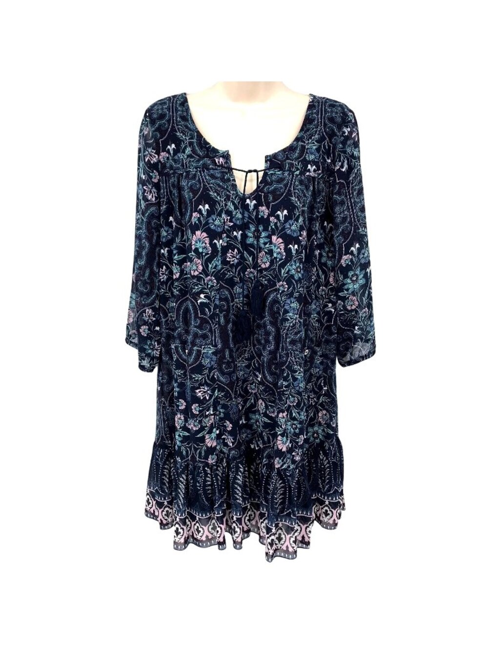 AUW Womens Boho-Style Floral Print Dress Tiered Hem Tassel Tie Neckline Size M
